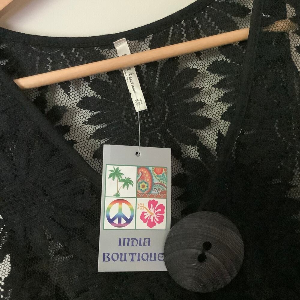NWT India Boutique Black Sleeveless Floral V-Neck Swimsuit Cover Up One Size - Picture 4 of 8